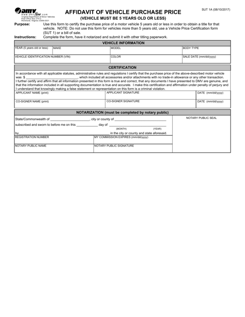 Form SUT1A Affidavit of Vehicle Purchase Price - Virginia