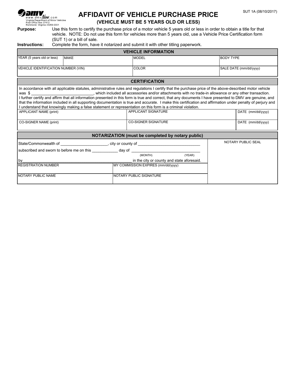 Form SUT1A Affidavit of Vehicle Purchase Price - Virginia, Page 1