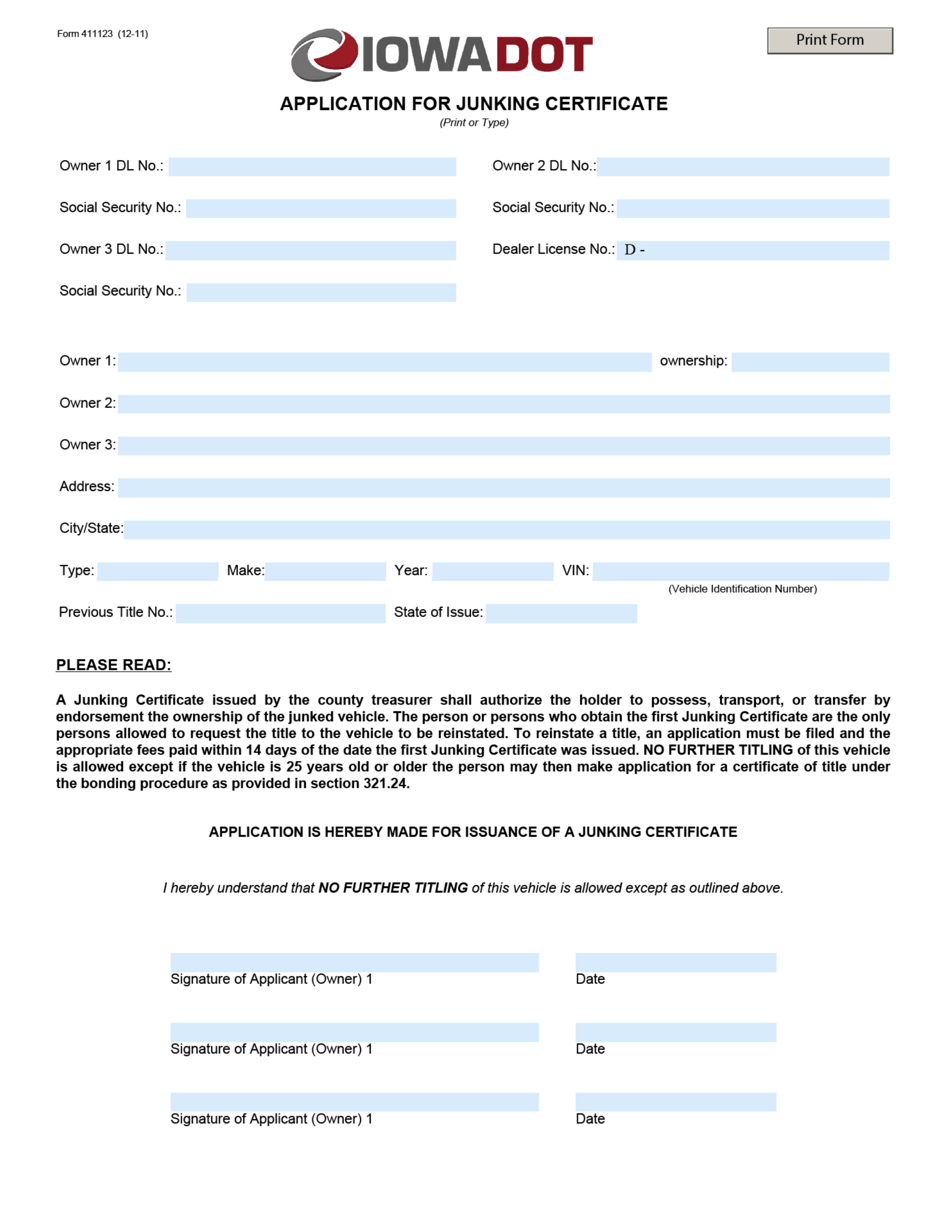 Form 411123 Application for Junking Certificate - Iowa, Page 1