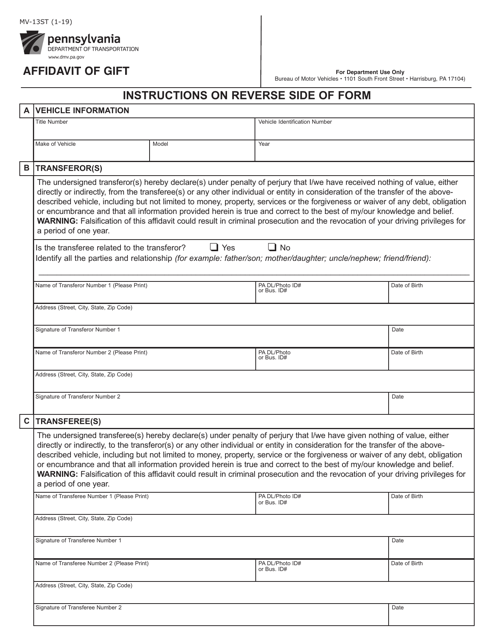 Form MV-13ST Affidavit of Gift - Pennsylvania