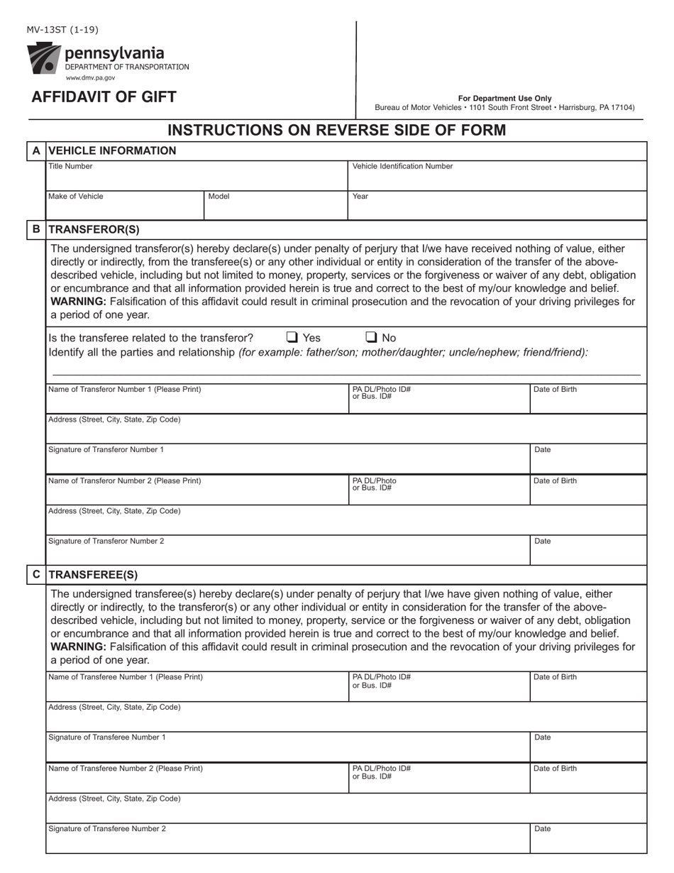 Form MV-13ST Affidavit of Gift - Pennsylvania, Page 1