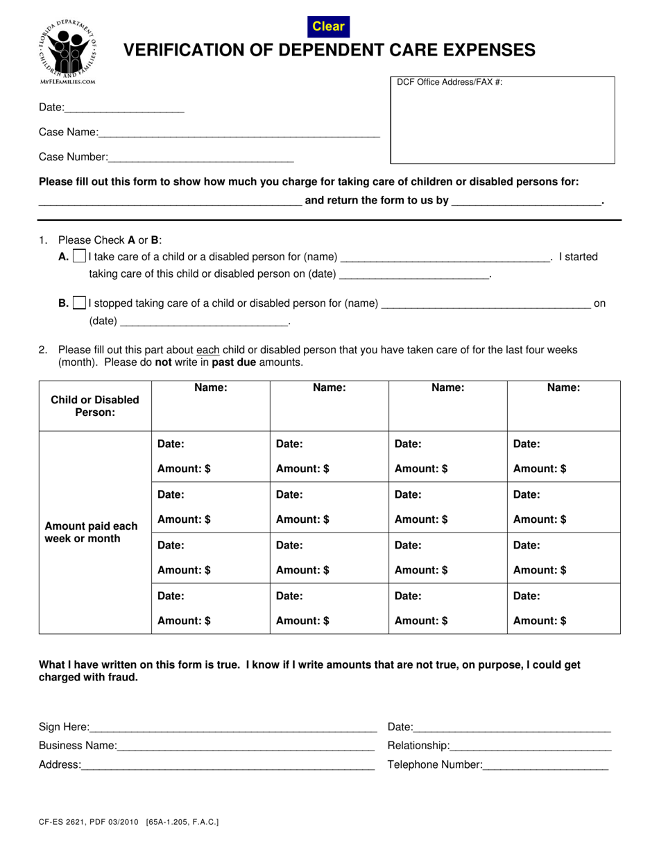 Form CF-ES2621 Verification of Dependent Care Expenses - Florida, Page 1