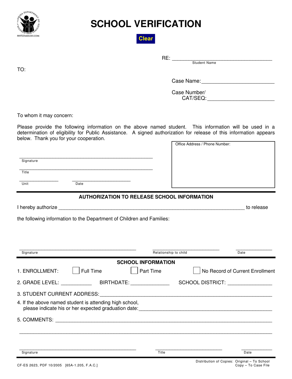 Form CF-ES2623 School Verification - Florida, Page 1