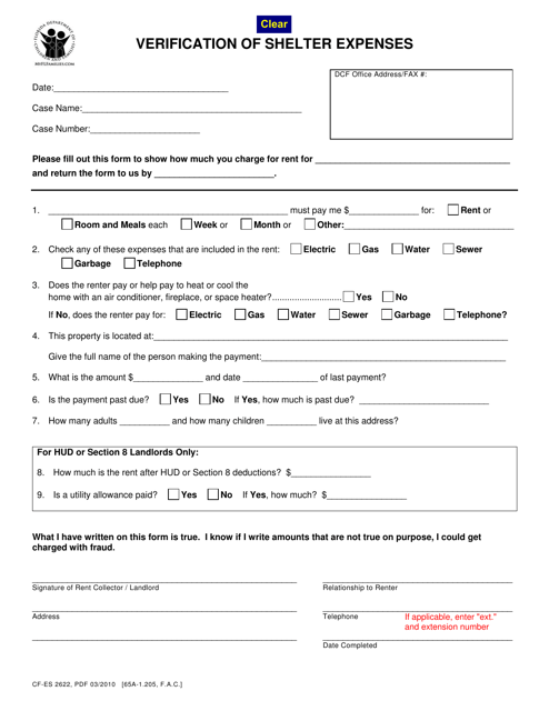 Form CF-ES2622 Verification of Shelter Expenses - Florida