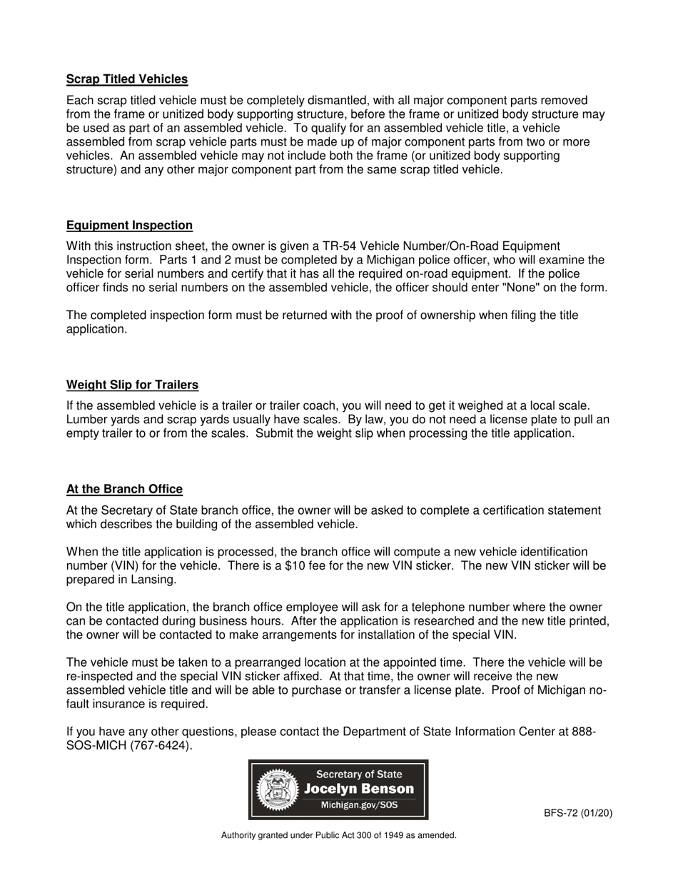 Form BFS-72 Instruction for Titling an Assembled Vehicle - Michigan, Page 2