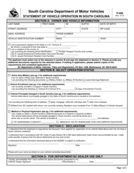 Form TI-006 Statement of Vehicle Operation in South Carolina - South Carolina