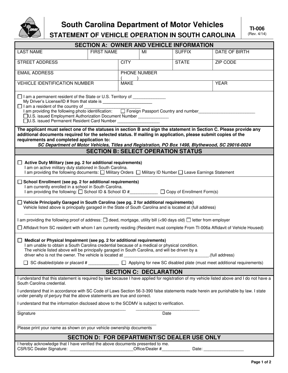 Form TI-006 Statement of Vehicle Operation in South Carolina - South Carolina, Page 1