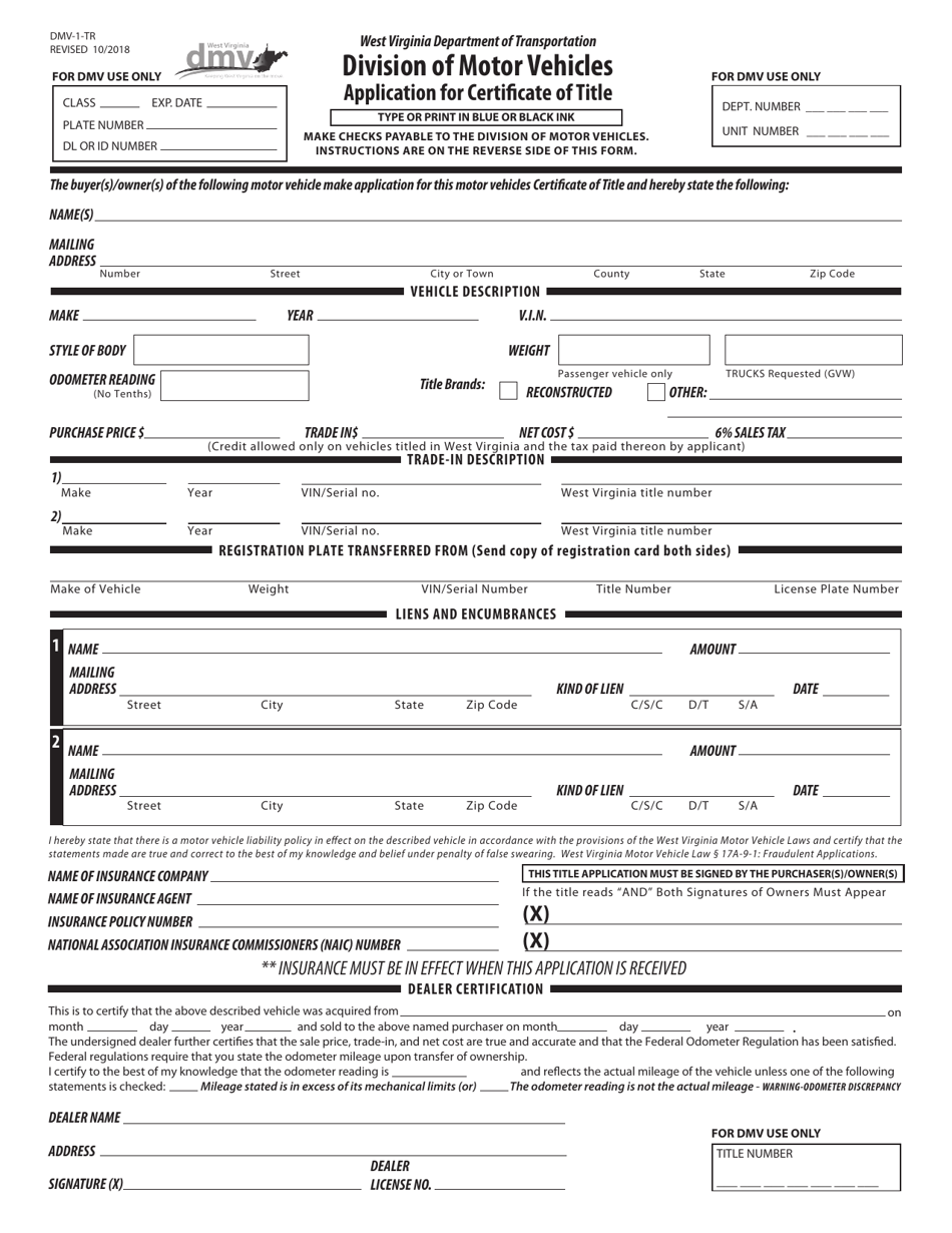 Form DMV-1-TR Application for Certificate of Title - West Virginia, Page 1