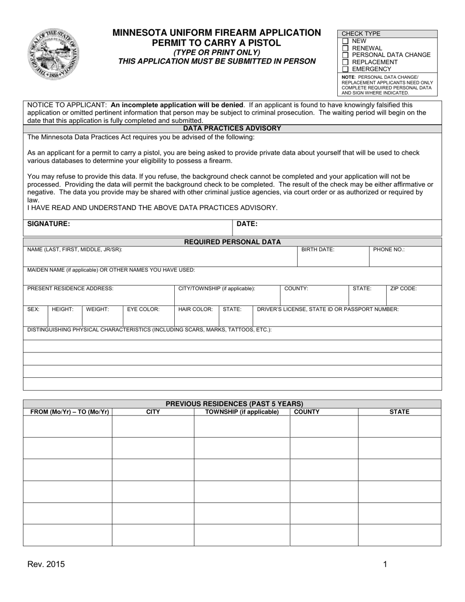 Minnesota Uniform Firearm Application Permit to Carry a Pistol - Minnesota, Page 1