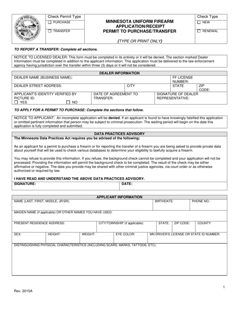 Minnesota Uniform Firearm Application/Receipt Permit to Purchase/Transfer - Minnesota Download Pdf