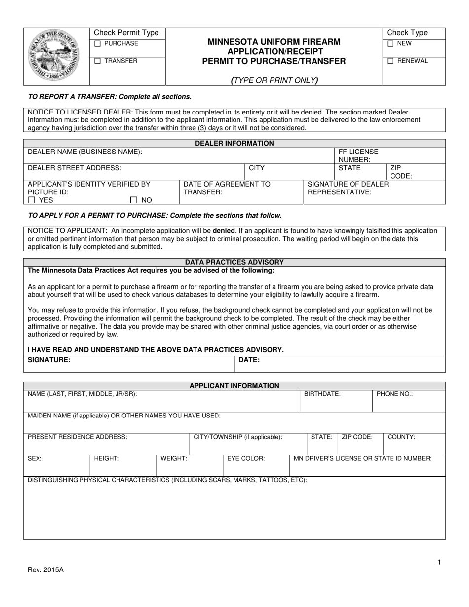 Minnesota Uniform Firearm Application/Receipt Permit to Purchase/Transfer - Minnesota, Page 1