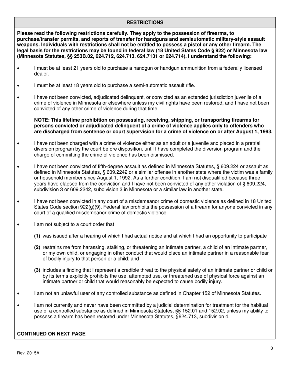 Minnesota Uniform Firearm Application / Receipt Permit to Purchase / Transfer - Minnesota, Page 3