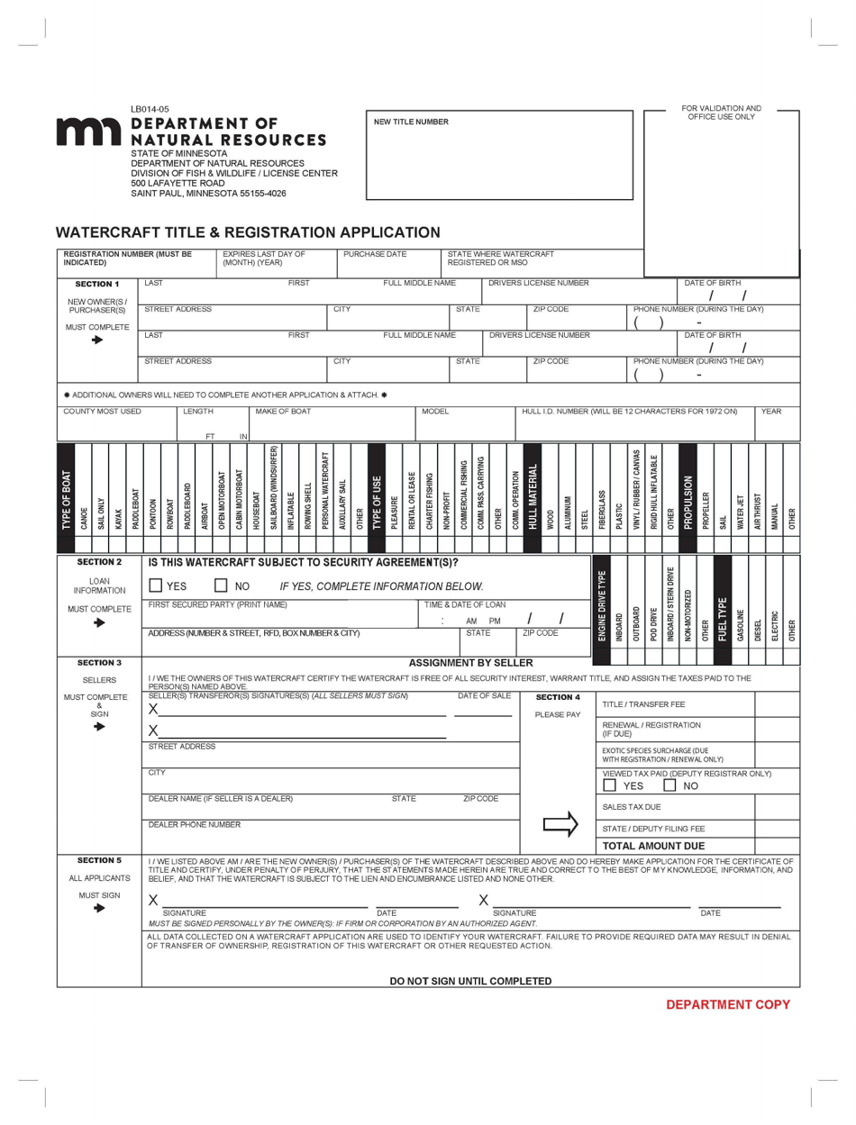 Form LB014-05 Watercraft Title  Registration Application - Minnesota, Page 1