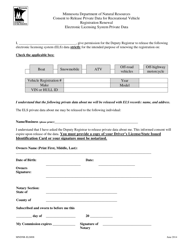 Form MNDNR-ELS008 &quot;Consent to Release Private Data for Recreational Vehicle, Registration Renewal&quot; - Minnesota
