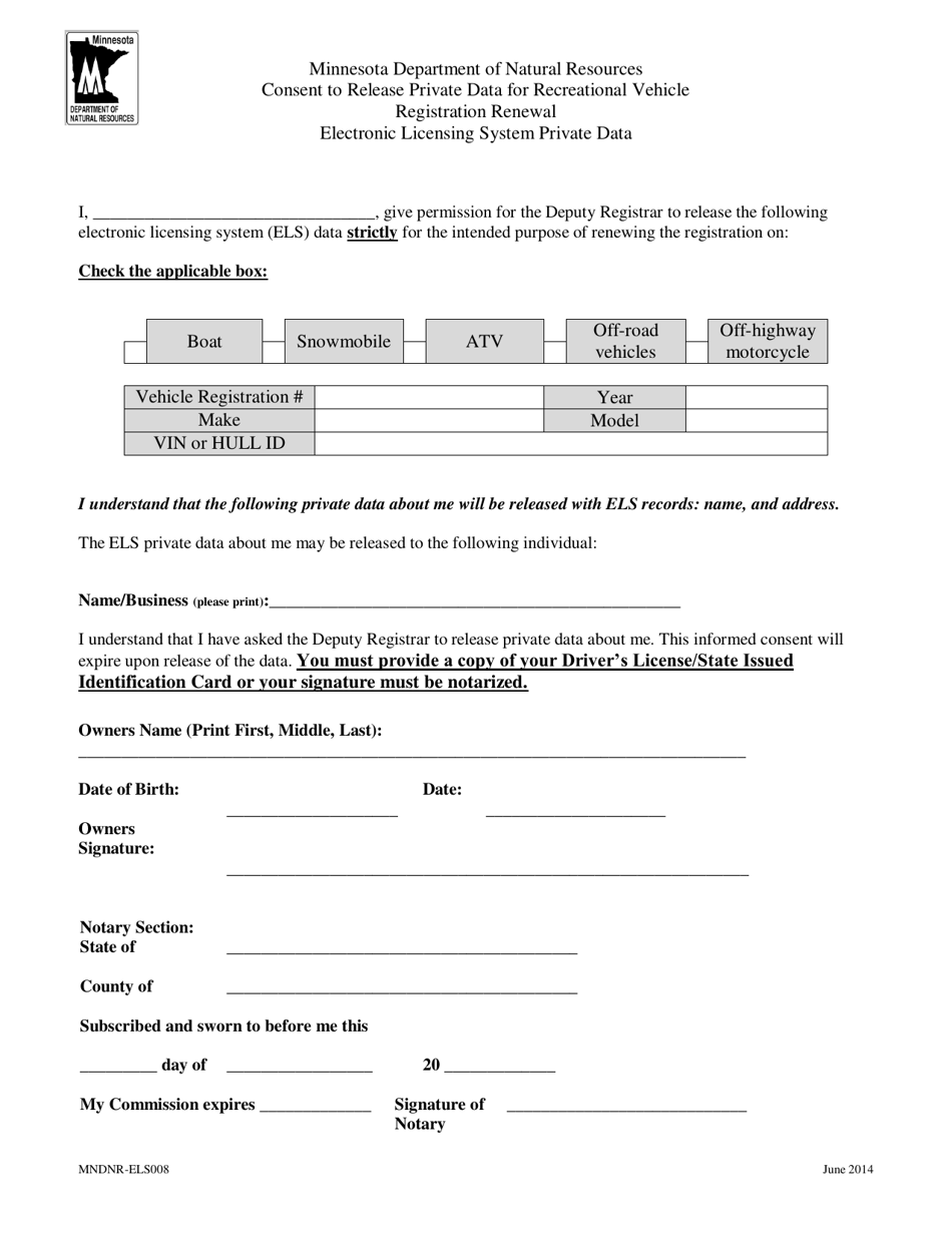 Form MNDNR-ELS008 Consent to Release Private Data for Recreational Vehicle, Registration Renewal - Minnesota, Page 1
