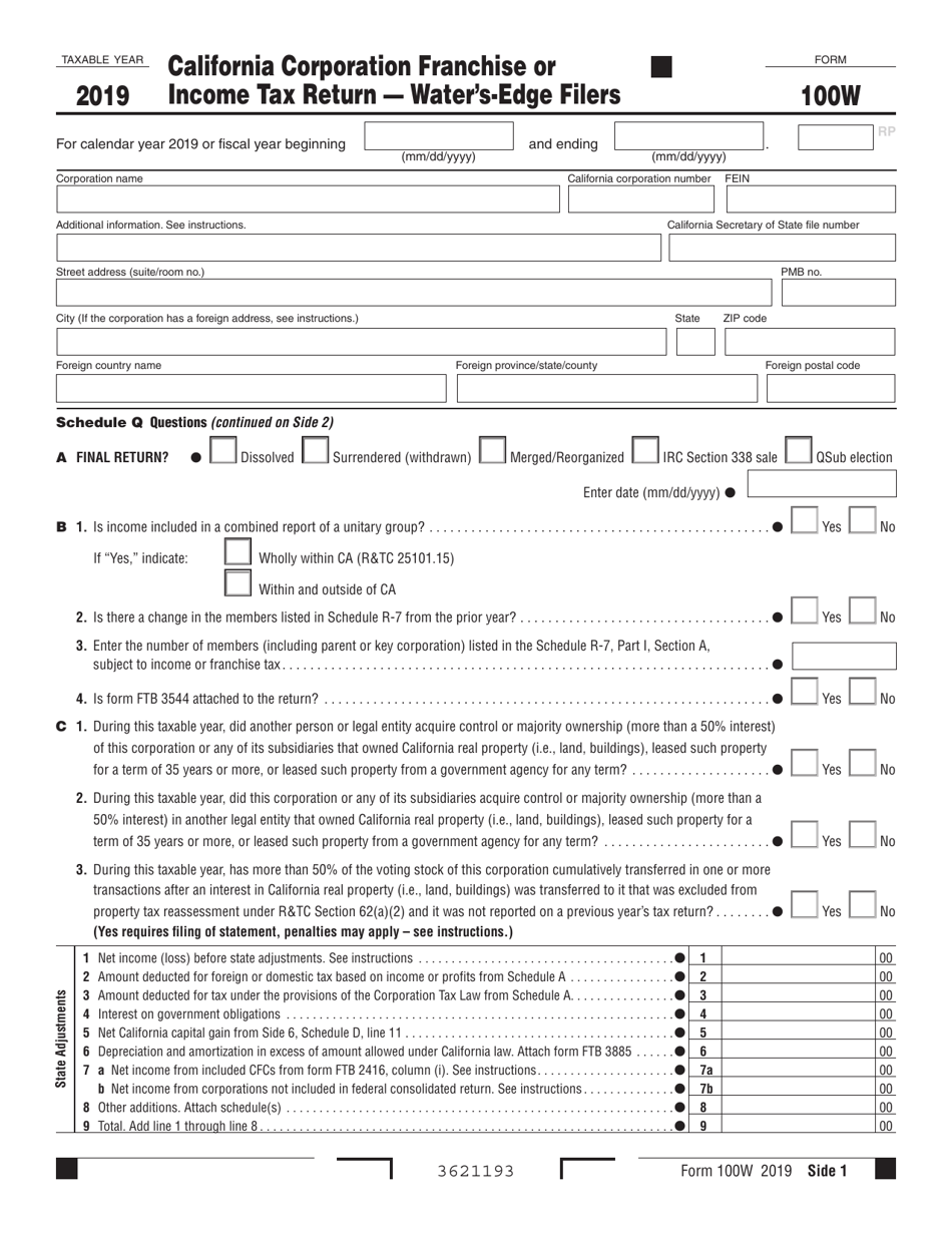Form 100W California Corporation Franchise or Income Tax Return - Waters-Edge Filers - California, Page 1