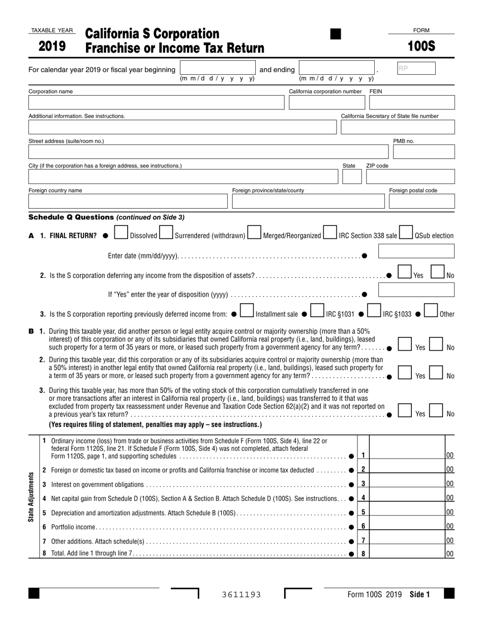 Form 100S California S Corporation Franchise or Income Tax Return - California, Page 1