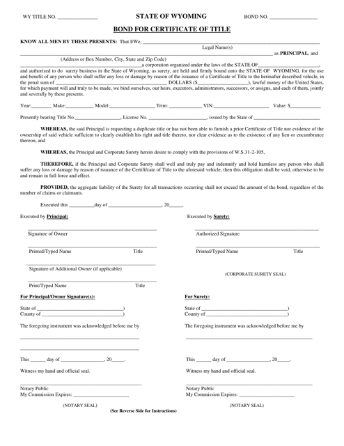 Bond for Certificate of Title - Wyoming Download Pdf
