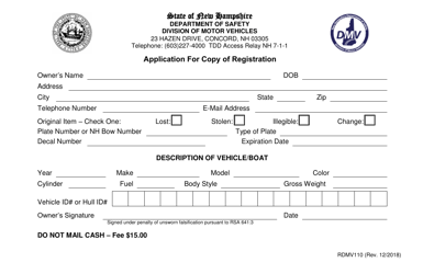 Document preview: Form RDMV110 Application for Copy of Registration - New Hampshire