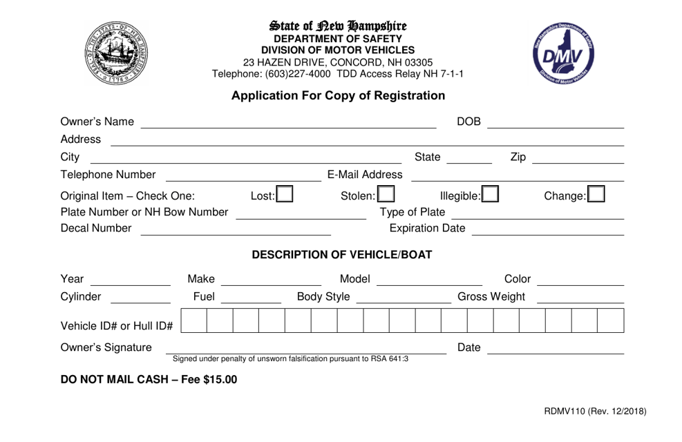 Form RDMV110 Application for Copy of Registration - New Hampshire