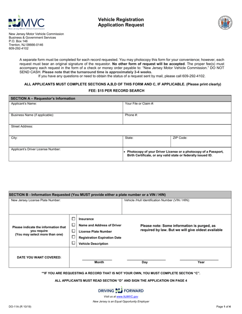Form Do 11a Download Fillable Pdf Or Fill Online Vehicle Registration Application Request New Jersey Templateroller
