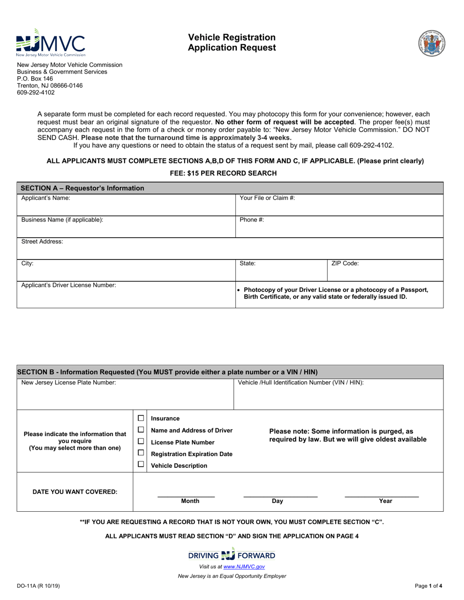 Form DO-11A Vehicle Registration Application Request - New Jersey, Page 1
