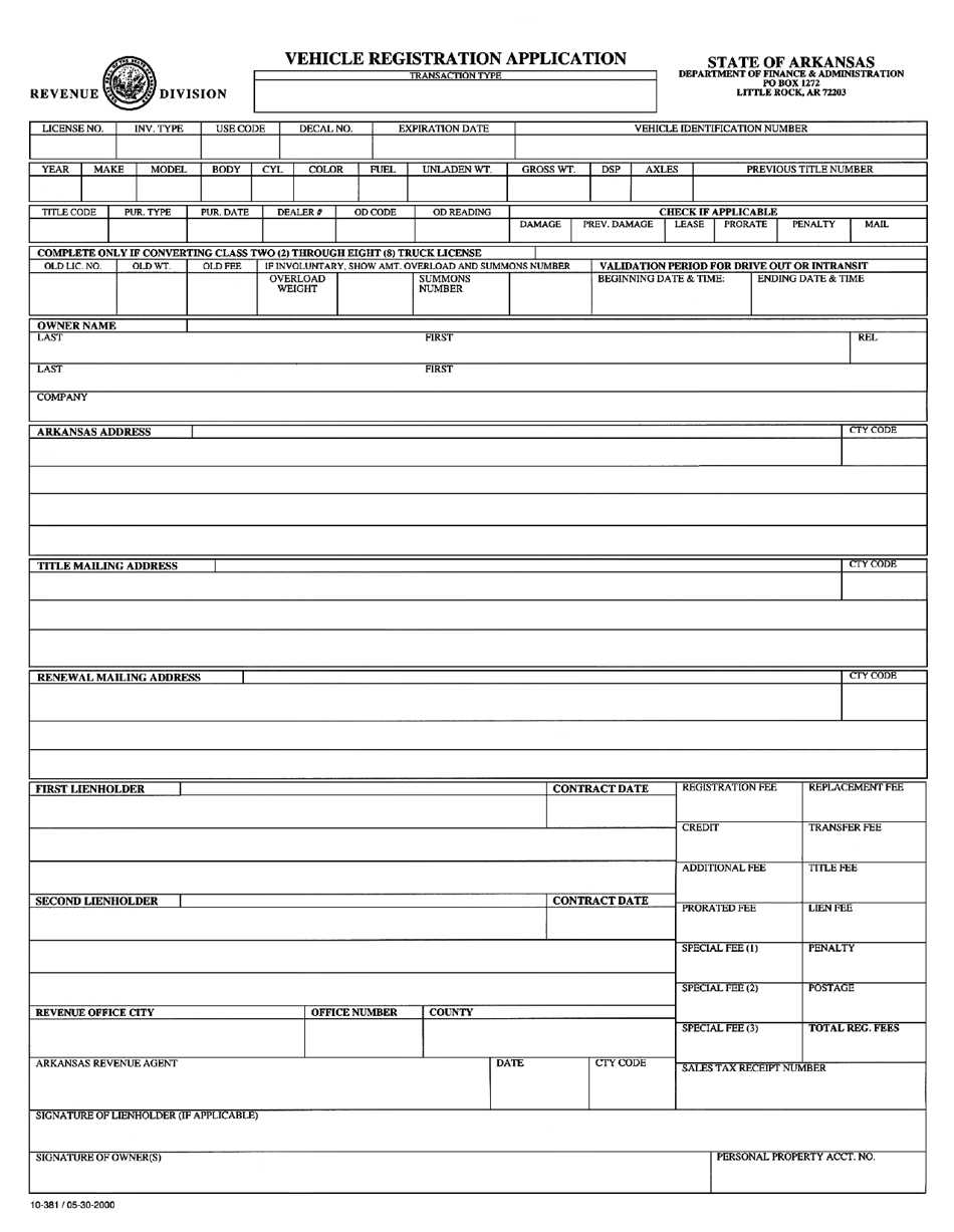 Form 10-381 Vehicle Registration Application - Arkansas, Page 1