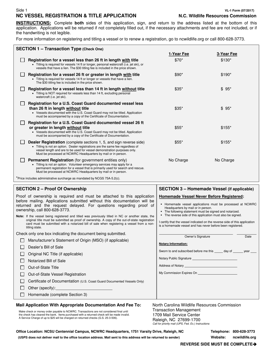 Form VL-1 Nc Vessel Registration  Title Application - North Carolina, Page 1