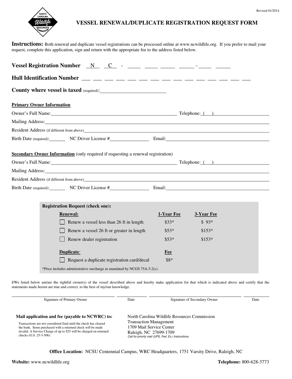 Vessel Renewal / Duplicate Registration Request Form - North Carolina, Page 1