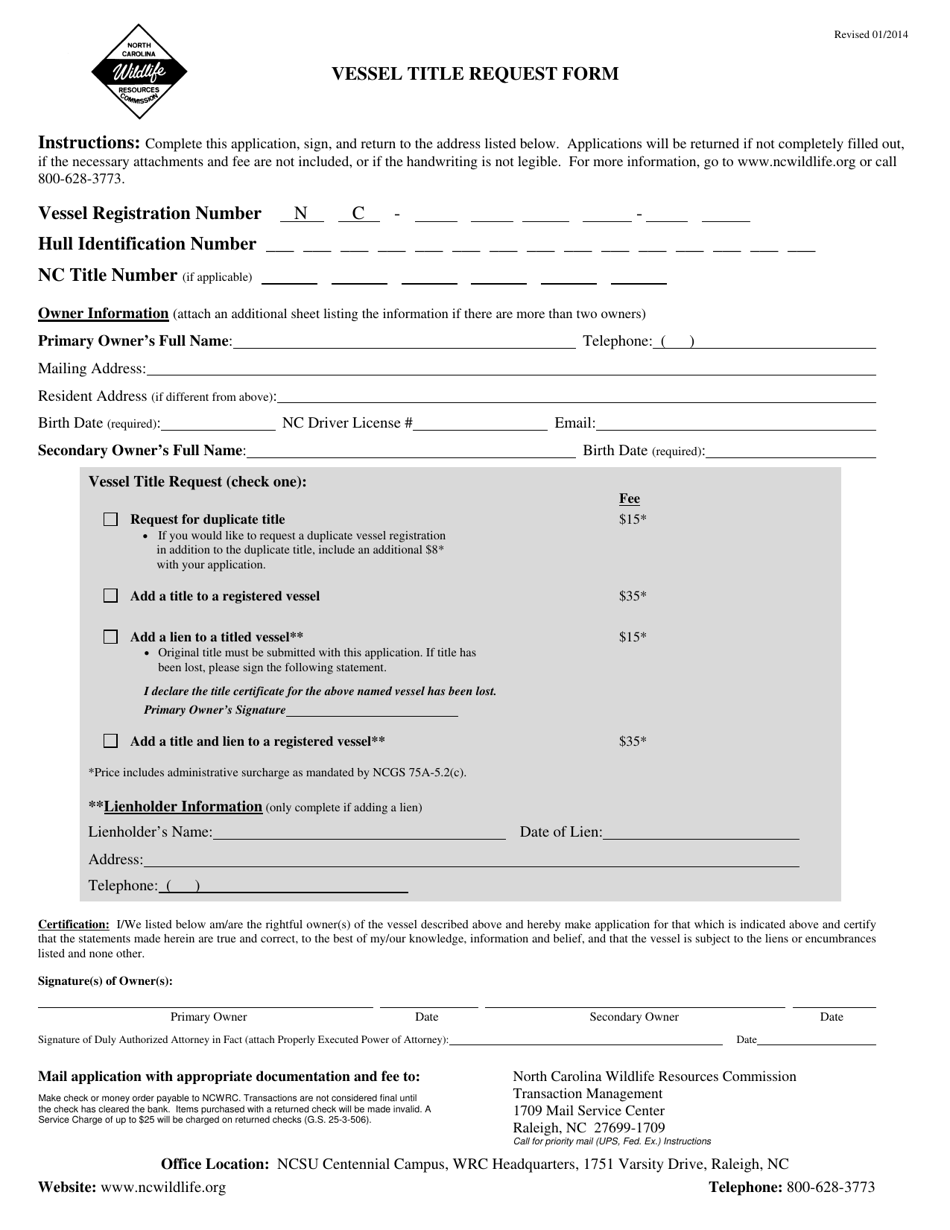 Vessel Title Request Form - North Carolina, Page 1