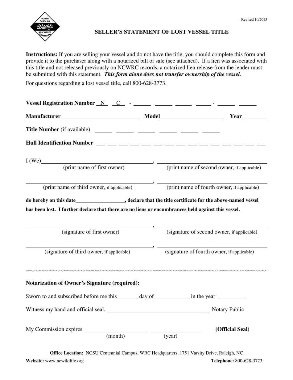 Sellers Statement of Lost Vessel Title - North Carolina, Page 1