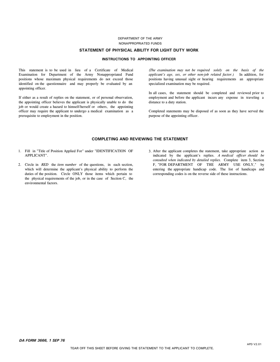 DA Form 3666 Statement of Physical Ability for Light Duty Work, Page 3