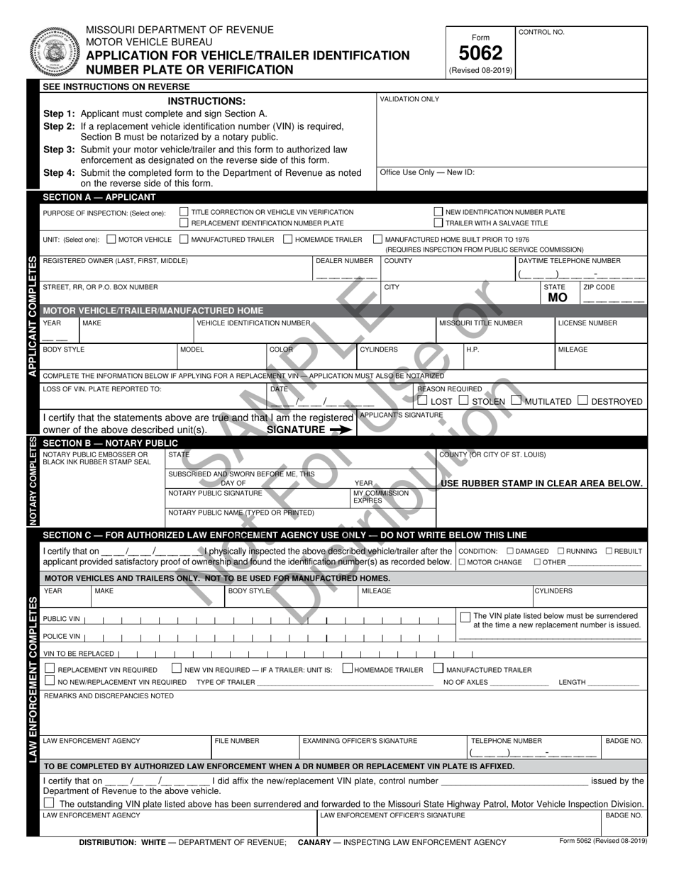 Sample Form 5062 Application for Vehicle / Trailer Identification Number Plate or Verification - Missouri, Page 1