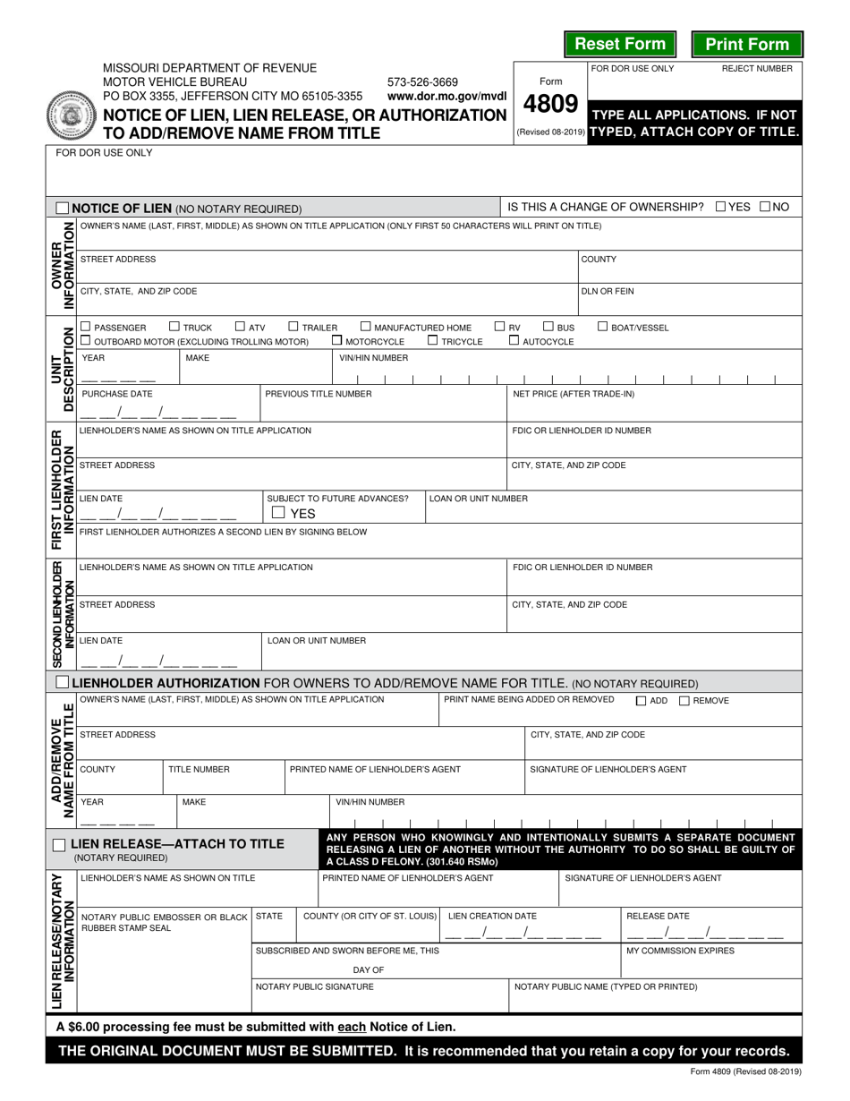 Form 4809 Notice of Lien, Lien Release, or Authorization to Add / Remove Name From Title - Missouri, Page 1