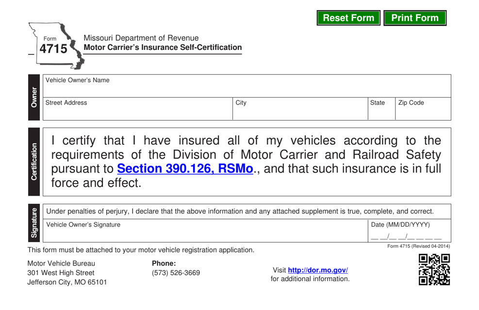 Form 4715 Motor Carrier's Insurance Self-certification - Missouri