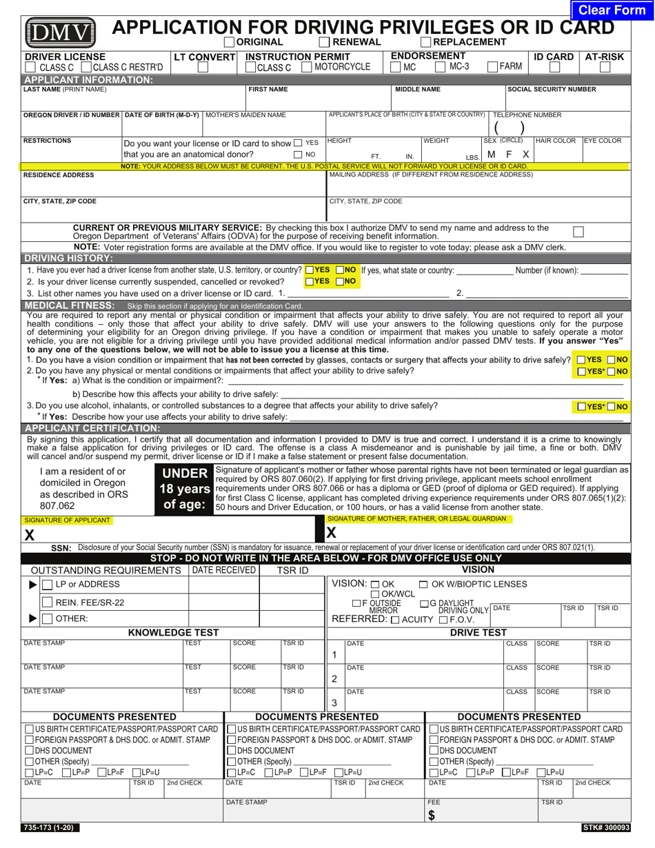 Form 735-173 Application for Driving Privileges or Id Card - Oregon, Page 1