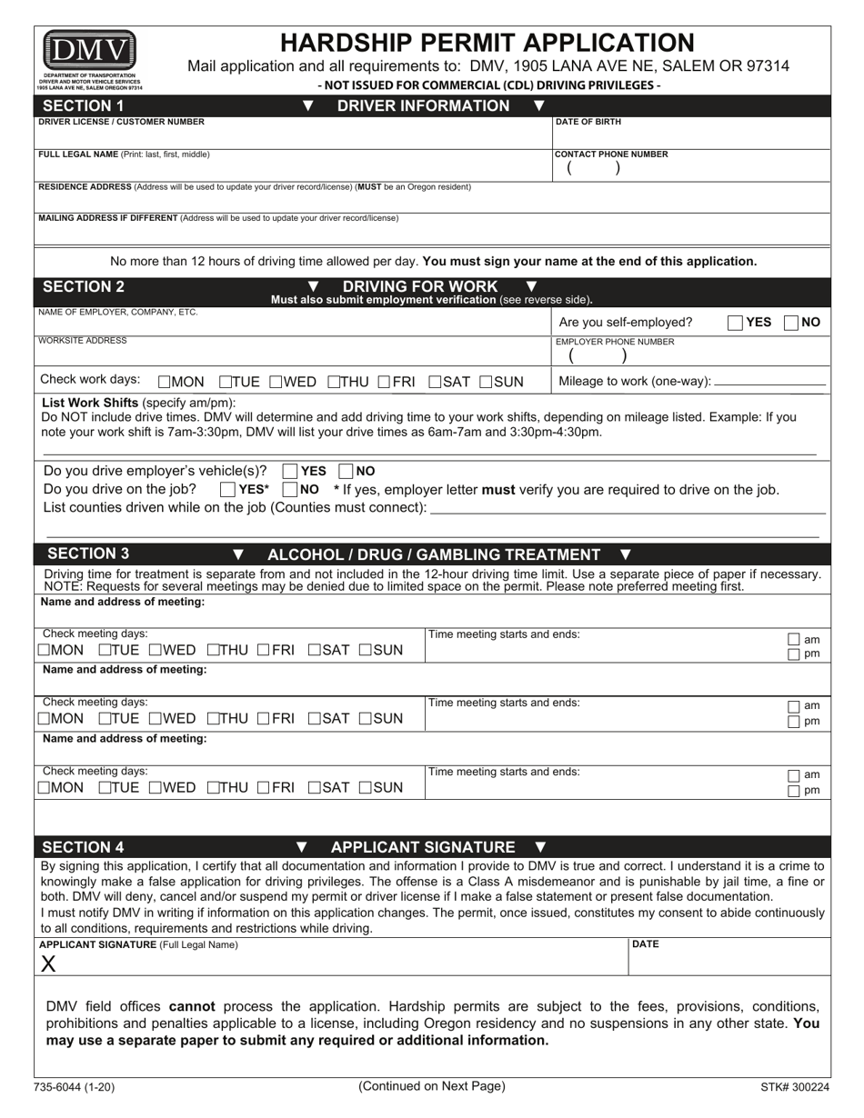 Form 735-6044 Hardship Permit Application - Oregon, Page 1