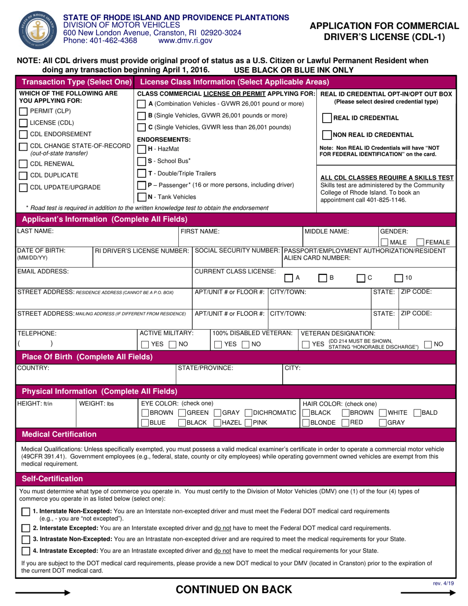 Form CDL-1 Application for Commercial Drivers License - Rhode Island, Page 1