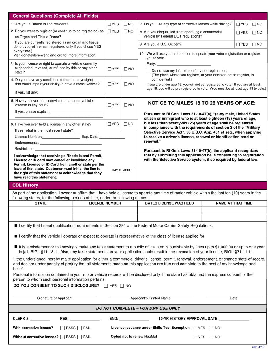 Form CDL-1 Application for Commercial Drivers License - Rhode Island, Page 2