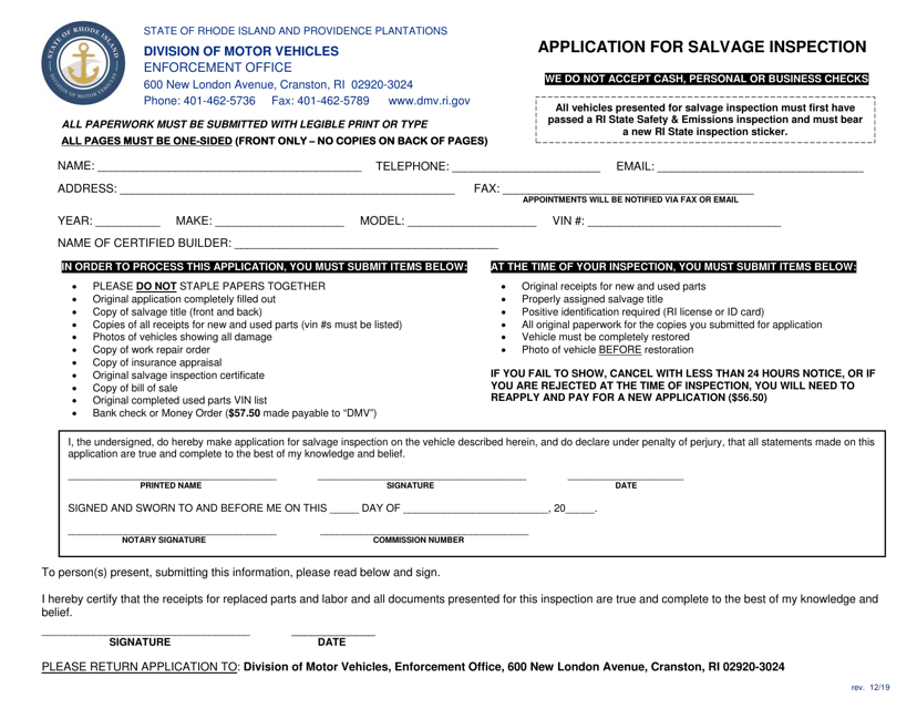 Application for Salvage Inspection - Rhode Island Download Pdf