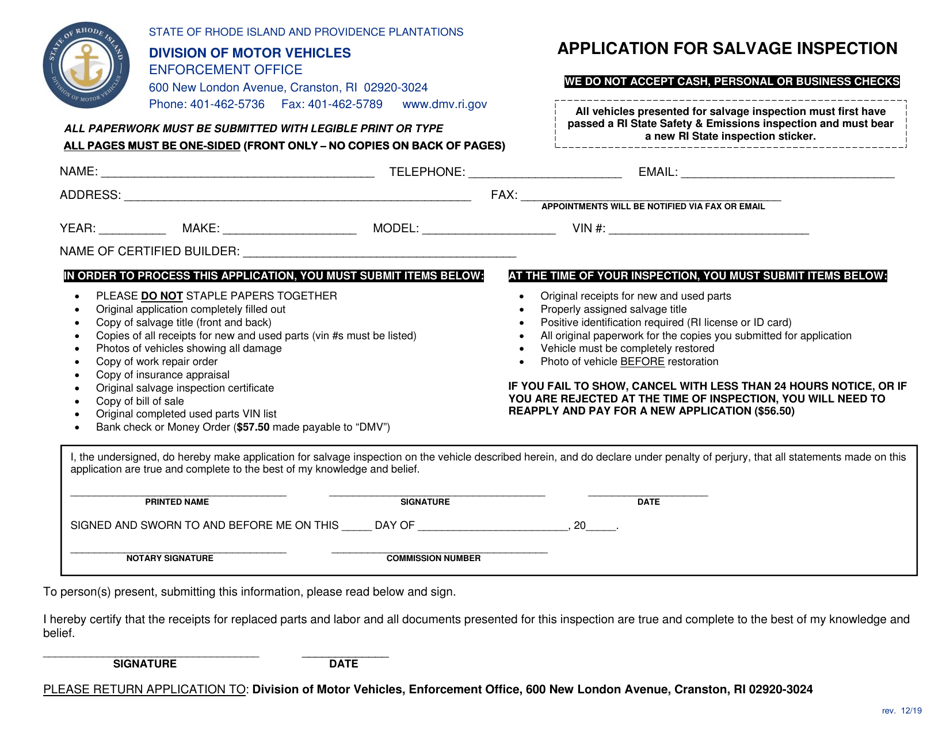 Ri Inspection Rhode Island Application for Salvage Inspection - Fill Out, Sign Online ...