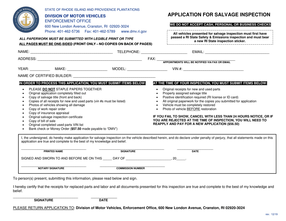 Application for Salvage Inspection - Rhode Island, Page 1