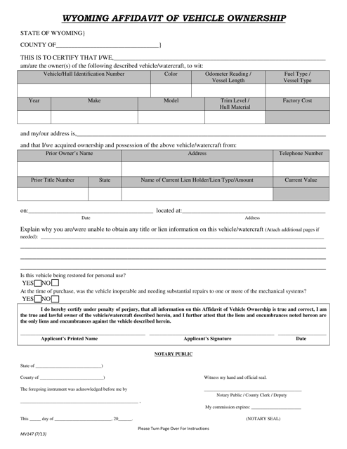 Form MV147 Wyoming Affidavit of Vehicle Ownership - Wyoming