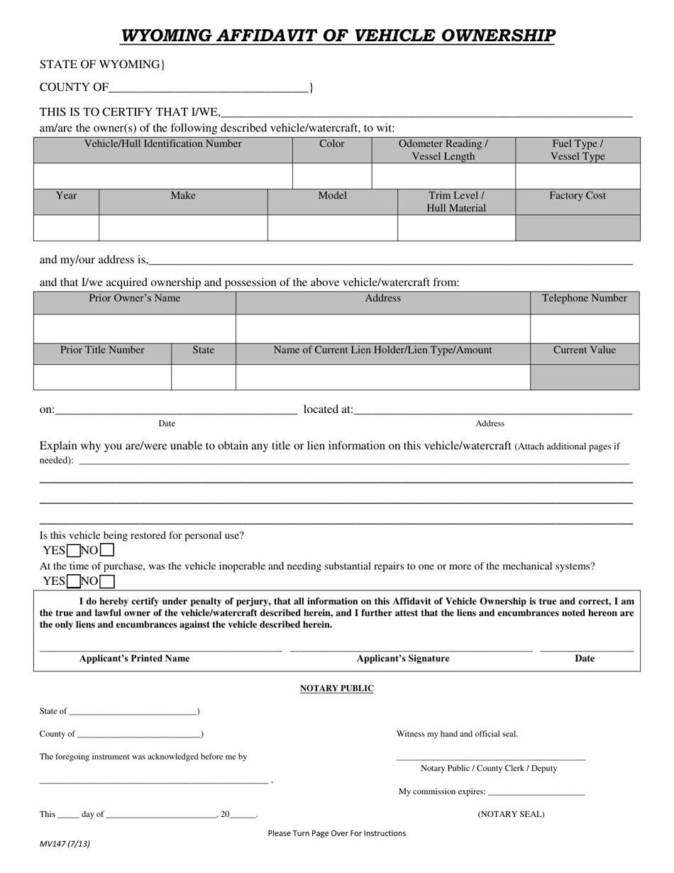 Form MV147 Wyoming Affidavit of Vehicle Ownership - Wyoming, Page 1