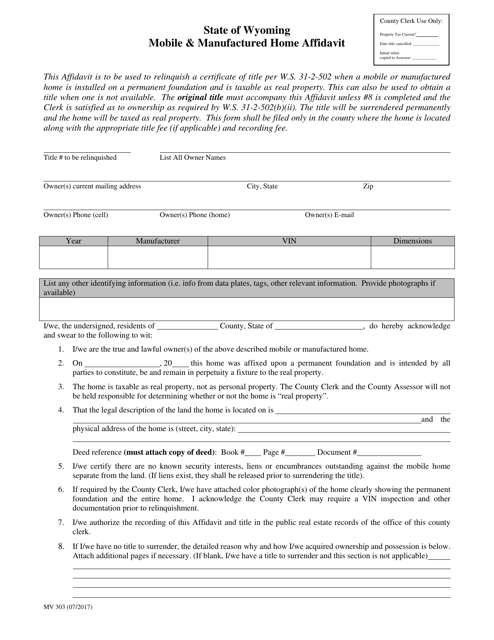 Form MV303 Mobile & Manufactured Home Affidavit - Wyoming