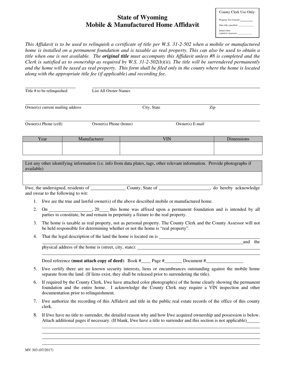 Form MV303 Mobile  Manufactured Home Affidavit - Wyoming, Page 1