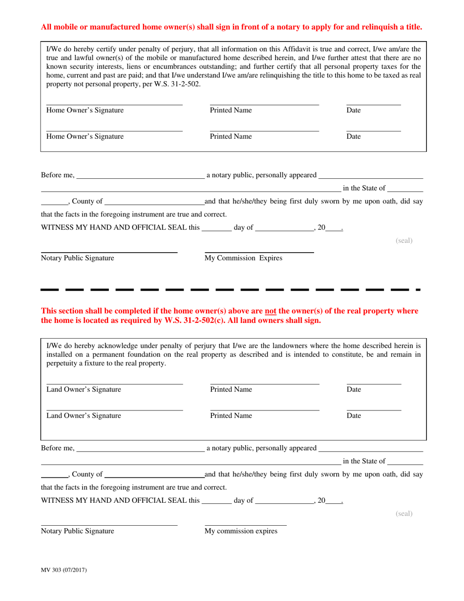 Form MV303 - Fill Out, Sign Online and Download Fillable PDF, Wyoming ...