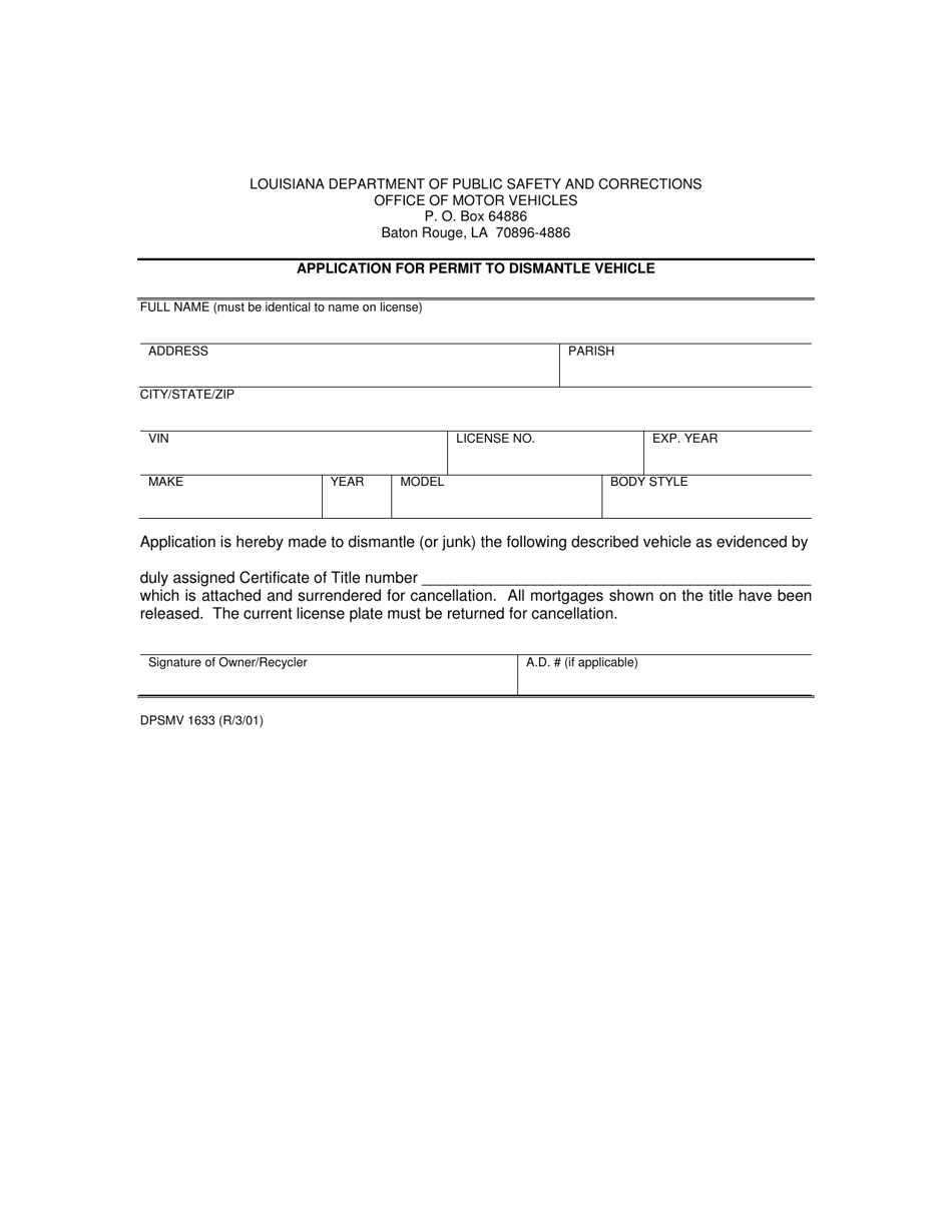 Form DPSMV1633 Application for Permit to Dismantle Vehicle - Louisiana, Page 1