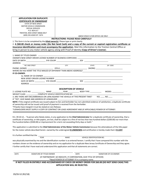 Form OS/SS-52 Application for Duplicate Certificate of Ownership - New Jersey
