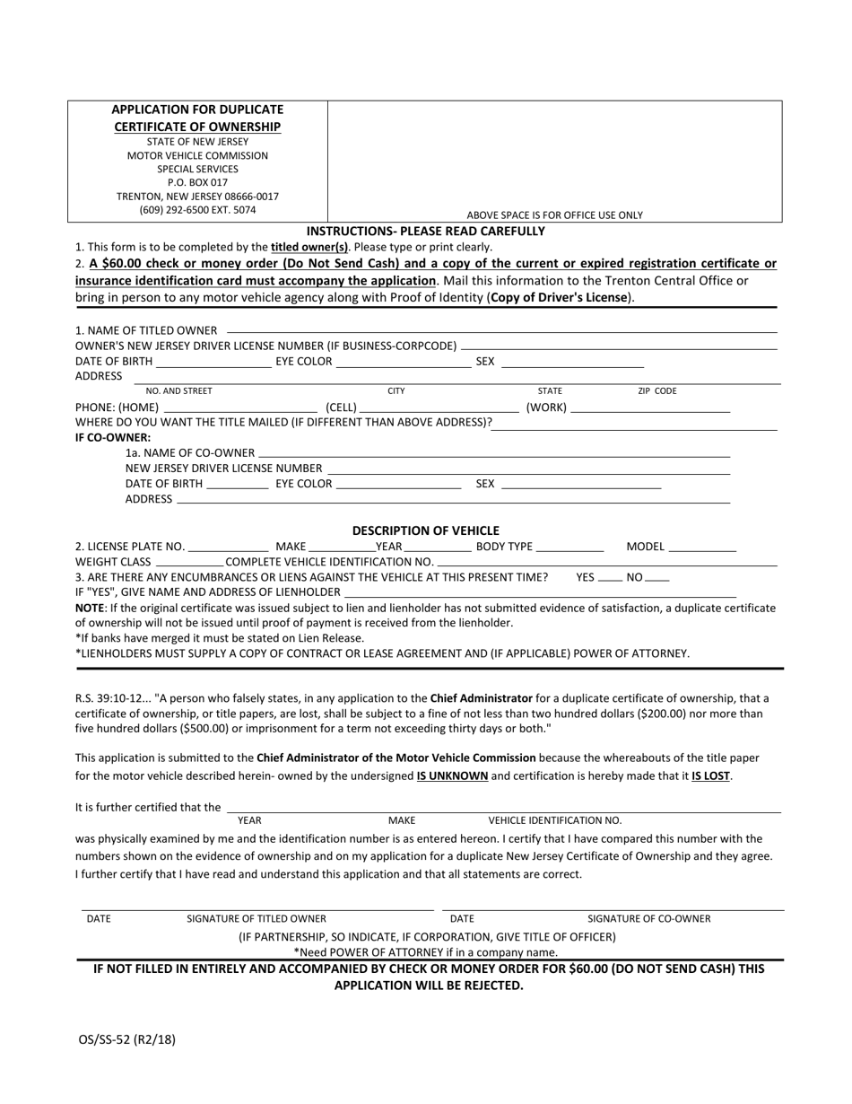 Form OS / SS-52 Application for Duplicate Certificate of Ownership - New Jersey, Page 1